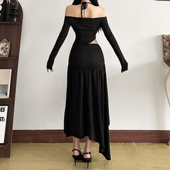 Halter long sleeve off shoulder hollow out maxi dress