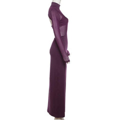Long sleeve backless high neck patchwork mesh maxi dress