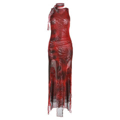 Sheer mesh see through sleeveless contrast print slit midi dress | red tango dress | samba dress