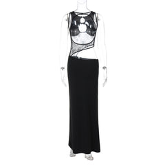 Sleeveless hollow out mesh maxi dress