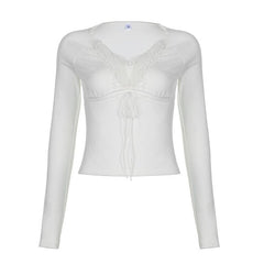 Fluffy patchwork solid long sleeve self tie top
