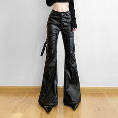 PU leather buckle pocket high rise pant