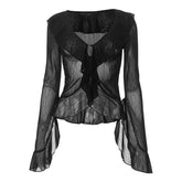 Long flared sleeve chiffon ruffle see through top