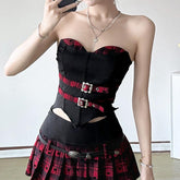 Sweetheart neck plaid buckle top