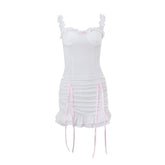 Ruffle ruched bowknot ribbon stitch cami skirt set