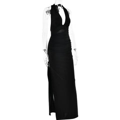Halter deep v neck slit backless ruched maxi dress