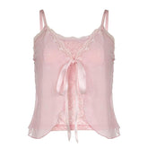 Lace patchwork ruffle ribbon mesh knotted cami top