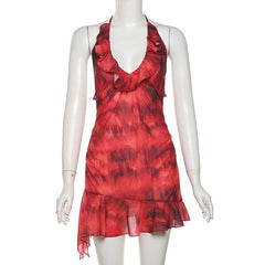 Halter ruched tie dye ruffle backless mini dress | red tango dress