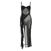Sweetheart neck ruffle high slit sheer mesh cami midi dress | samba dress
