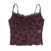 Lace hem ruched flower pattern mesh cami top