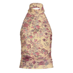 Halter button backless print ruched top