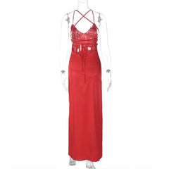 Slit cross back satin backless solid v neck maxi dress | red tango dress | black rave dress