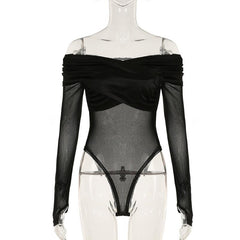 Off shoulder long sleeve mesh bodysuit