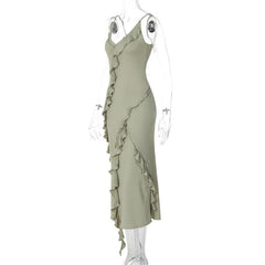 V neck ruffle backless irregular cami midi dress