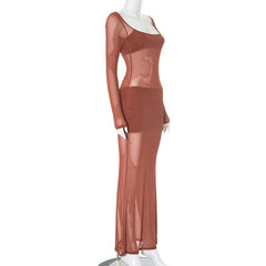 Long sleeve u neck mesh maxi dress