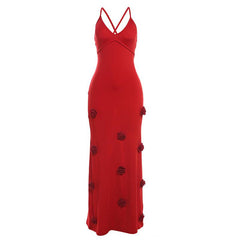 V neck flower applique cross back cami maxi dress | red tango dress