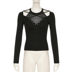 Long sleeve cross front hollow out fishnet patchwork top
