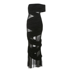 Off shoulder ruched mesh maxi dress