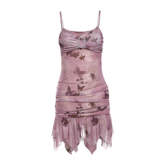 Sweetheart neck ruched buckle ruffle cami mini dress