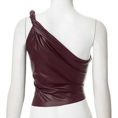One shoulder PU leather ruched backless top