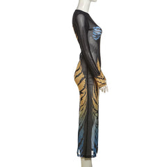 Long sleeve tiger print crewneck sheer mesh midi dress | samba dress