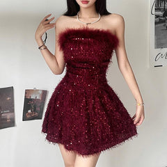 Textured glitter backless feather tube mini dress | red tango dress