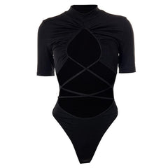Short sleeve high neck ruched lace up hollow out bodysuit