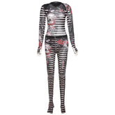Striped long sleeve gloves contrast sheer mesh see through shrug bodysuit pant set