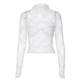 Long sleeve high neck lace see through ruched top
