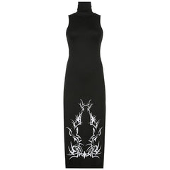 High neck slit print maxi dress
