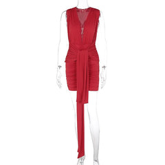 Deep V neck ruched solid mini dress | red tango dress
