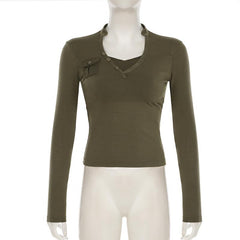 V neck long sleeve button top