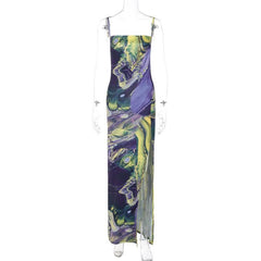 Sleeveless contrast print slit backless cami dress