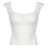 Cap sleeve ribbed bowknot textured lace hem top