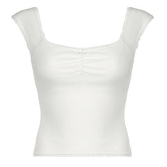 Cap sleeve ribbed bowknot textured lace hem top