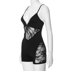 V neck lace hem patchwork cami romper