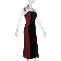 Halter embroidery ruched contrast maxi dress | red tango dress
