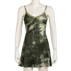 Tie dye lace hem bowknot v neck cami mini dress