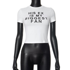 Short sleeve crewneck letter pattern contrast crop top