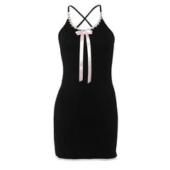 Bowknot ribbon lace hem u neck cross back backless cami mini dress | black rave dress