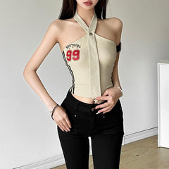 Halter button �9�pattern contrast backless crop top