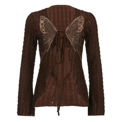Textured butterfly pattern self tie long sleeve v neck crop top