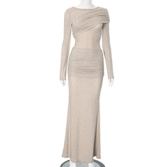Long sleeve crewneck ruched glitter maxi dress