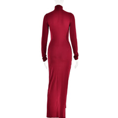 Ruched solid long sleeve turtle neck self tie maxi dress | red tango dress