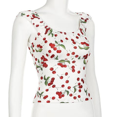 Cap sleeve u neck cherry print lace up top