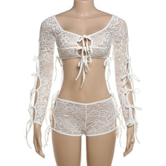 Long sleeve self tie lace see through hollow out pant set