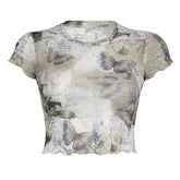 Short sleeve crewneck butterfly print sheer mesh top
