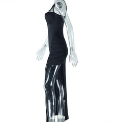 Irregular high slit ruched mesh hollow out cami maxi dress