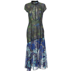 Short sleeve hollow out slit butterfly print see through midi dress
