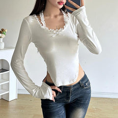 Halter long sleeve bowknot lace hem top